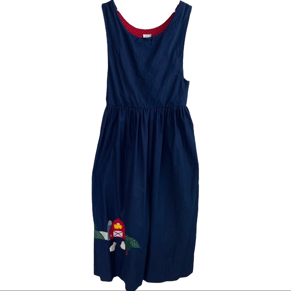 Betsy’s Farm Scene Denim Maxi Long Jumper Pinafore Dress Women’s Sz L USA Made.